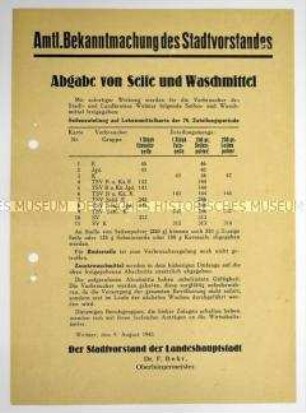 Amtliche Bekanntmachung des Stadtvorstandes von Weimar zur Zuteilung von Seife und Waschmittel