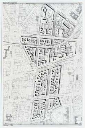 Offener Städtebaulicher Ideenwettbewerb "Fasanenstraße", 1. Stufe (nicht realisiert), 2. Preisgruppe – Lageplan. Berlin-Charlottenburg/Wilmersdorf, Grolmanstraße 41-43, Kantstraße 155-157, Fasanenstraße 81, Fasanenstraße 76-77, Uhlandstraße 18-19
