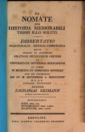 De nomate : cum historia memorabili trismi illo soluti ; dissertatio inauguralis medico-chirurgica