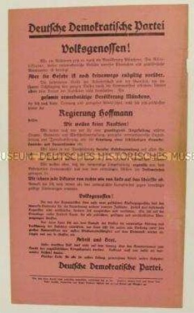 Sonderdruck der DDP nach der Niederschlagung der Münchner Räterepublik mit dem Aufruf zur Unterstützung der Regierung Hoffmann
