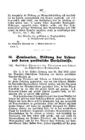 Amtlicher Charakter der Directoren und Lehrer an Schullehrer-Seminarien : [III. Seminarien, Bildung der Lehrer und deren persönliche Verhältnisse]