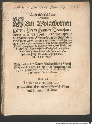 Catholische Leich- und Lobpredig, Hansen Trautsen, Freyherrn zu Sprechenstein