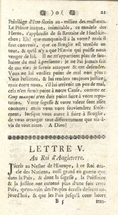 Lettre V. Au Roi d'Angleterre.
