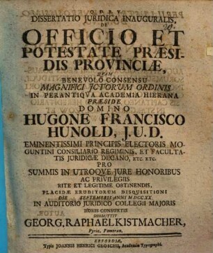 Diss. iur. inaug. de officio et potestate praesidis provinciae