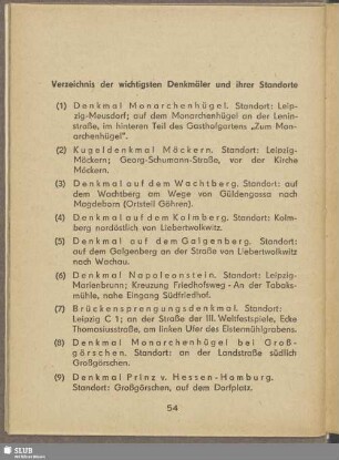 Verzeichnis der wichtigsten Denkmäler und ihrer Standorte