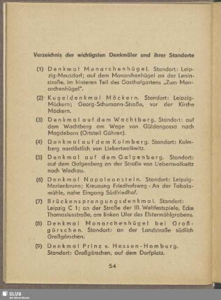 Verzeichnis der wichtigsten Denkmäler und ihrer Standorte