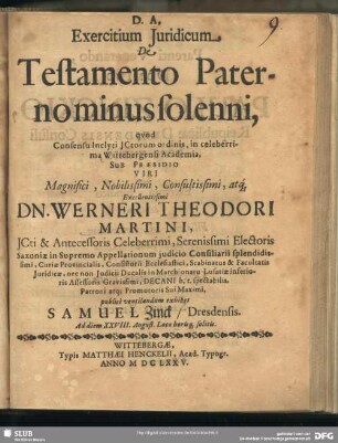Exercitium juridicum: De testamento paterno minus solenni