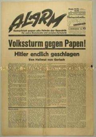 Republikanische Wochenzeitung "Alarm" u.a. zum Ausgang der Reichstagswahl vom 6. November 1932