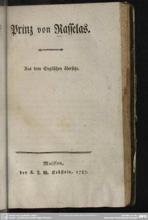 Prinz von Rasselas : Aus dem Englischen übersetzt