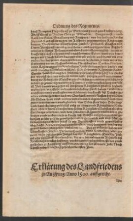 Erklärung des Landfriedens zu Augspurg/ Anno 1500. auffgericht.