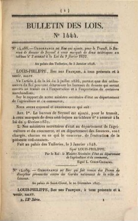 Bulletin des lois de la République Française. Partie principale. 36. 1848 = No. 1444 - 1455