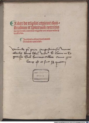 Liber de triplici regione claustralium et spirituali exercicio monachorum : omnibus religiosis non minus vtilis qu[am] necessarius