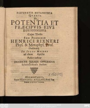 Disputatio Metaphysica Quarta De Potentia Et Praecipuis Eius Divisionibus