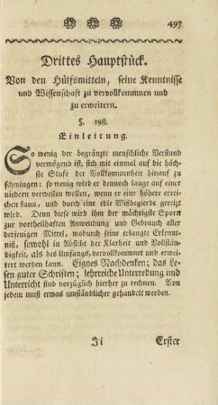 Drittes Hauptstück. Von den Hülfsmitteln, seine Kenntnisse und Wissenschaft zu vervollkommnen ud zu erweitern