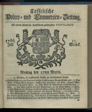 11. Stueck, Montag den 17ten Martii 1766