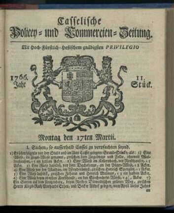 11. Stueck, Montag den 17ten Martii 1766