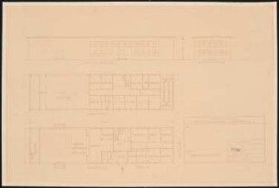 Tonfilmatelier (Filmstadt), Berlin-Gatow: Verwaltungsgebäude: Grundrisse EG, OG, 2 Ansichten 1:200 (von Inv.Nr. 4983)