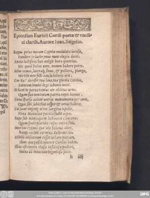 Epicedion Euricii Cordi poetae & medici clariss. Autore Ioan, Stigelio.