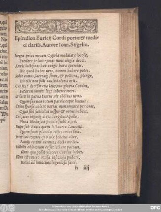 Epicedion Euricii Cordi poetae & medici clariss. Autore Ioan, Stigelio.