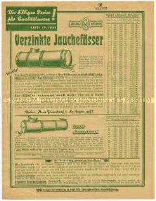 Preisliste über verzinkte Jauchefässer und Jauchepumpen