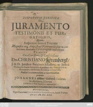 Disputatio Iuridica De Iuramento Testimonii Et Purgationis