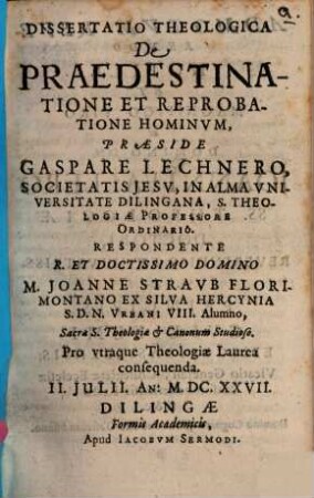 Dissertatio Theologica De Praedestinatione Et Reprobatione Hominum