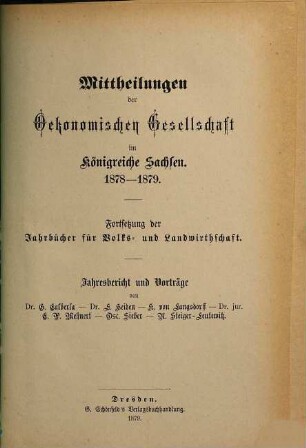 Mitteilungen der Ökonomischen Gesellschaft im Königreiche Sachsen. 1878/79 (1879)