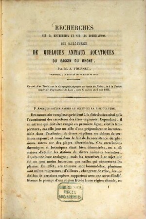 Recherches sur la distribution et sur les modifications des caractères de quelques animaux aquatiques du bassin du Rhône : (Extrait d‛un Traité sur la Géographie physique du bassin du Rhône dans les "Annales de la société d‛agriculture" etc. 1853.)