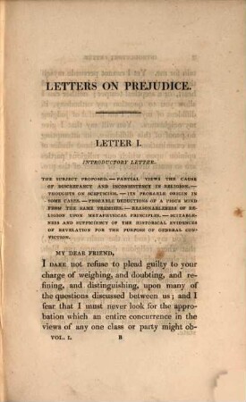 Letters on Prejudice, 1. ... Vol., in which the nature, causes, and consequences of prejudice in religion are considered : with an application to the present times