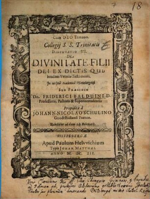 Collegii S.S. Trinitatis Disputatio ..., 7. De Divinitate Filii Dei Ex Dictis Quibusdam Veteris Testamenti
