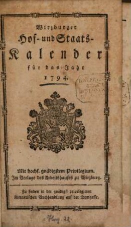 Würzburger Hof- und Staatskalender : für das Jahr .... 1794