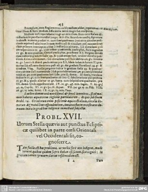 PROBL. XVII. Utrum Stella quaevis aut punctus Eclipticae quilibet in parte coeli Orientali vel Occidentali sit, cognoscere.