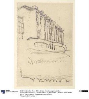Berlin - Mitte, Umbau Verwaltungsgebäude der Hausleben-Versicherung, Dorotheenstraße 31, Perspektivansicht und Horizontalschnitt der Fassade