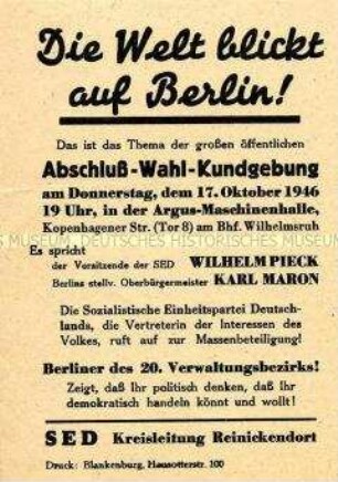 Einladung der SED Berlin-Reinickendorf zu einer Wahl-Kundgebung 1946 mit Wilhelm Pieck