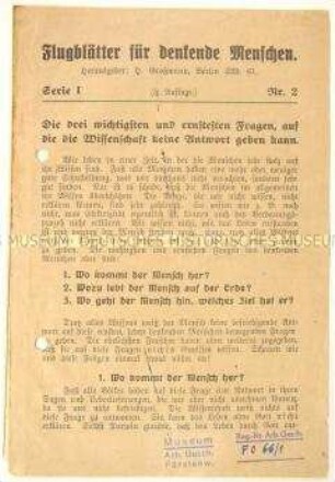 Christliche Aufklärungsschrift (der Stadtmission Berlin-Ost?) mit Bibelverweisen zu Herkunft und Daseinsberechtigung des Menschen