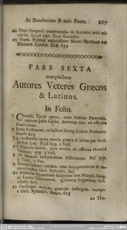 Pars Sexta complectens Autores Veteres Graecos & Latinos