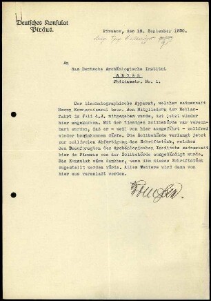 Deutsches Konsulat Piräus an DAI Athen