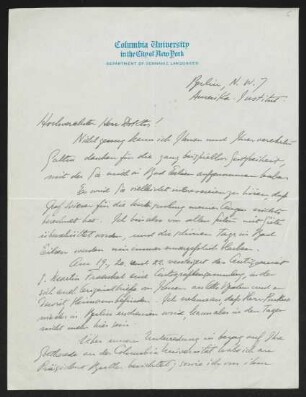 Brief von Frederick W. J. Heuser von Columbia University / Department of Germanic Languages  an Gerhart Hauptmann