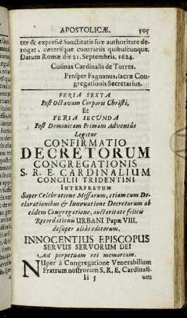Feria Sexta Post Octavam Coporis Christi,...Legitur Confirmatio Decretorum Congregationis S. R. E. Cardinalium Concilii Tridentini[...]