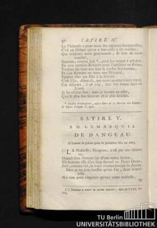 Satire V. A. M. Le Marquis de Dangeau. L'auteur la publia pour la premiere fois en 1663.