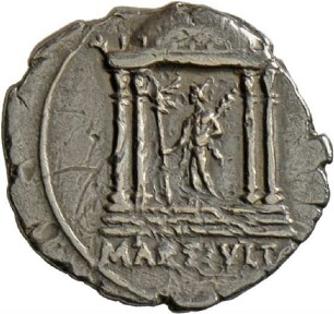 Denar des Augustus mit Darstellung des Mars Ultor-Tempels