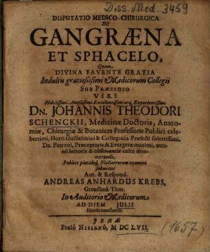 Disputatio Medico-Chirurgica De Gangraena Et Sphacelo