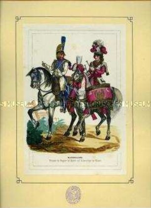 Uniformdarstellung, Trompeter des Garde-Dragoner-Regiments "Impériatrice" und Paukenschlaäger des Ulanen-Regiments, Frankreich, 1804. Aus: Bellangé: Die Soldaten der französischen Republik und des Kaiserreichs.