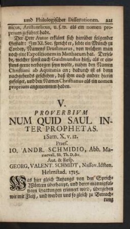 V. Proverbium Num Quid Saul Inter Prophetas.