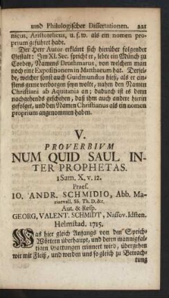 V. Proverbium Num Quid Saul Inter Prophetas.
