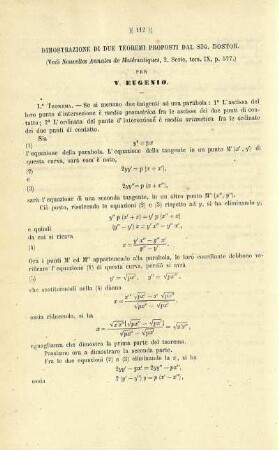 Dimostrazione di due teoremi propsti dal sig. Dostor nei Nouvelles Annales de Mathématiques