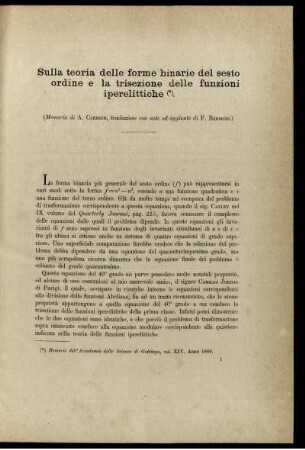 Sulla teoria delle forme binarie del sesto ordine e la trisezione delle funzioni iperelittiche.