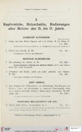 I. Kupferstiche, Holzschnitte, Radierungen alter Meister des 15. bis 17. Jahrh. (Nr. 1-145)