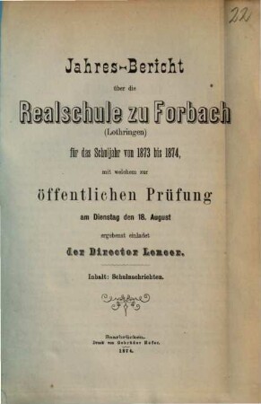 Jahres-Bericht : über das Schuljahr .... 1873/74