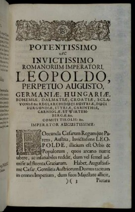 Potentissimo Ac Invictissimo Romanorum Imperatori Leopoldo Perpetuo Augusto, Germaniæ, Hungari [...]